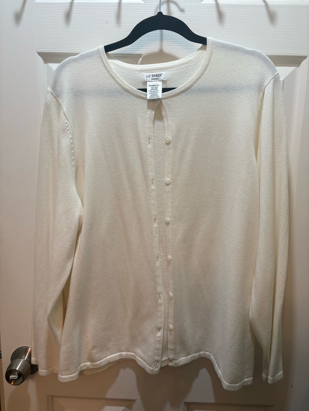Plus size 1x Liz Baker Ivory Button-Up Crew Cardigan